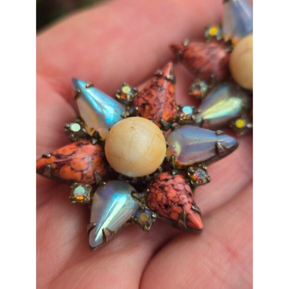 Vintage 1950's HOBE Hobé Star Shaped Faux Pearl & Art Glass Clip On Earrings - Picture 3 of 10